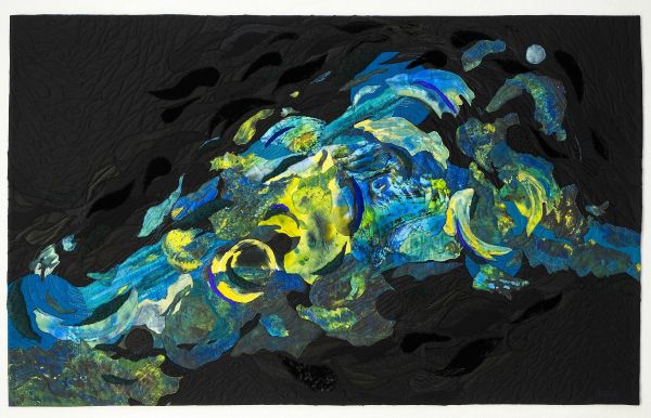 Dorothy Raymond - Wave Form (A quilt made of swirling blues and greens across a black background)