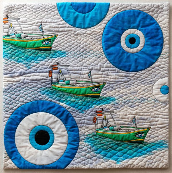 Sue Dennis - Even the boats have eyes in Greece (quilted illustrated scene of boats with Greek eyes)