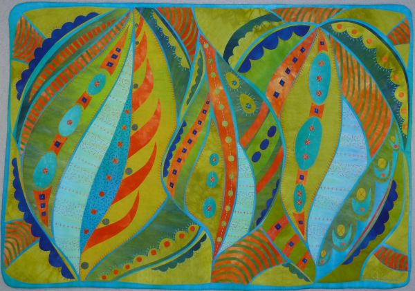 Laura Wasilowski - Seedpods #2 (green and blue swirling leaf quilt)