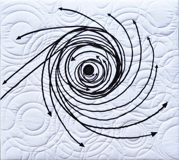 Shelley Koss - What Goes Around Comes Around 2 (Black swirling arrows on a white background quilted with circles)