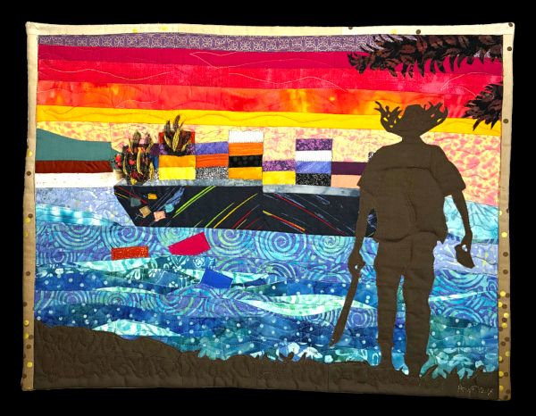 Aynex Mercado - San Juan Tea Party (a quilt showing the silhouette of a man in a Puerto Rican hat on the beach. The sun is setting over the ocean and a boat)