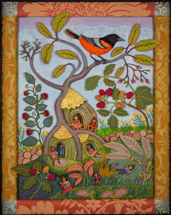  Salley Mavor - Summertime (an embroidered of tiny people in a house under a branch with an oriole on it)