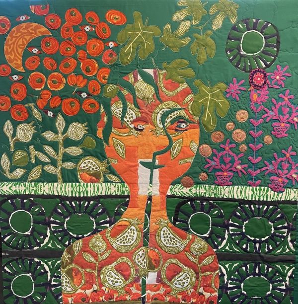 Susie Monday - Guardian of Innocence (an orange stylized figure on a green background with floral and leaf elements)