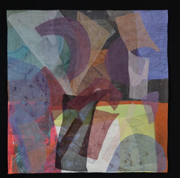 Dominie Nash - Transformation 1 (abstract quilt made of transparent shapes layered together in muted colors)