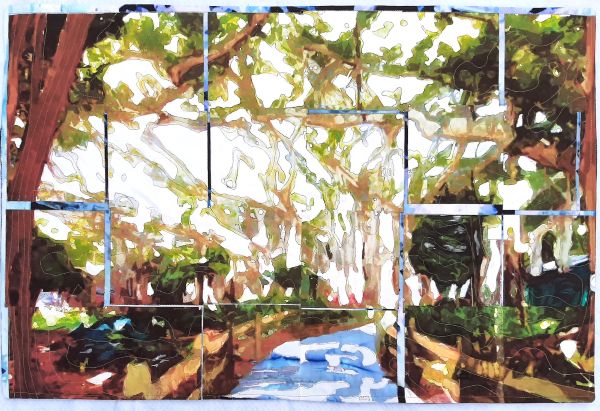 Cecilia J Rusnak - Under the Banyans (a quilt of an abstracted landscape with a sort of watercolor effect)