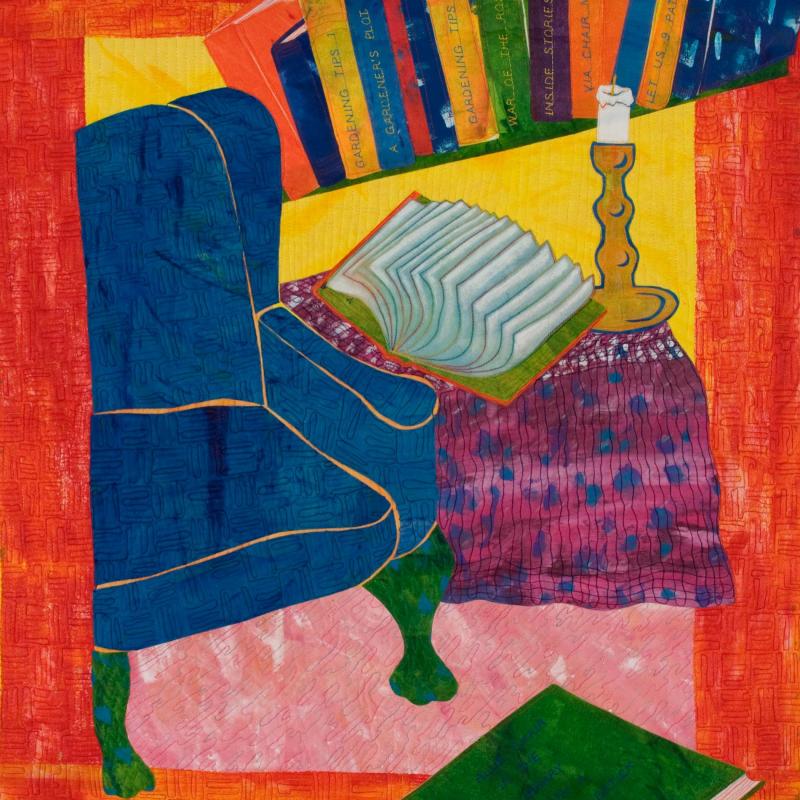 Laura  Wasilowski - Blue Chair in the Library with a Candlestick