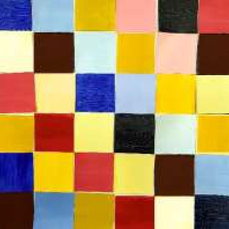 Blocks of color arranged in a diagonal composition, red/yellow/blue triadic color scheme