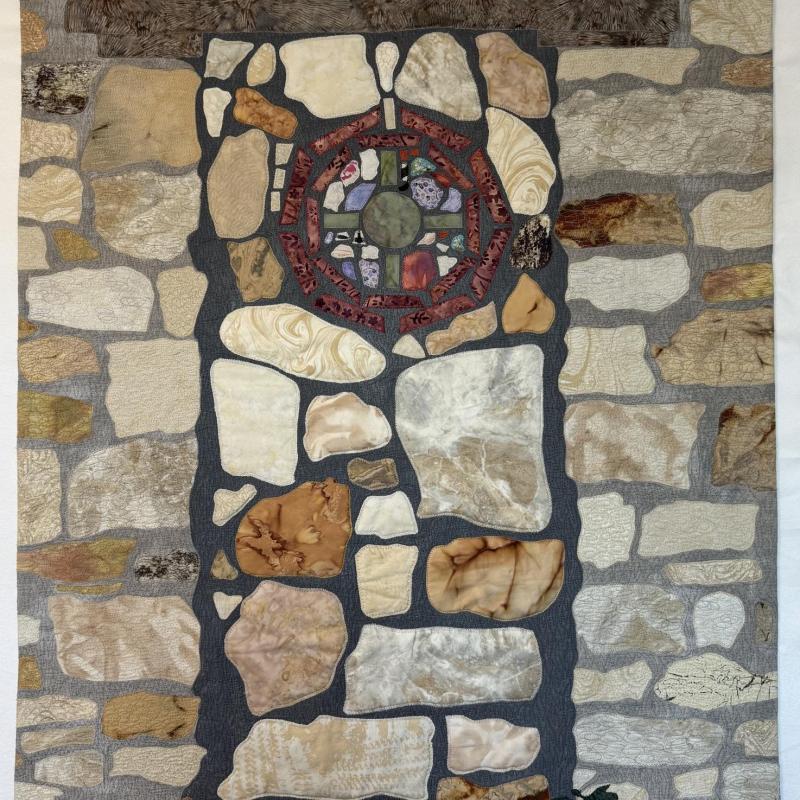 Maura Grogan - 1880s Opera House Cerrillos NM (a quilt depicting a stone wall with stained glass)