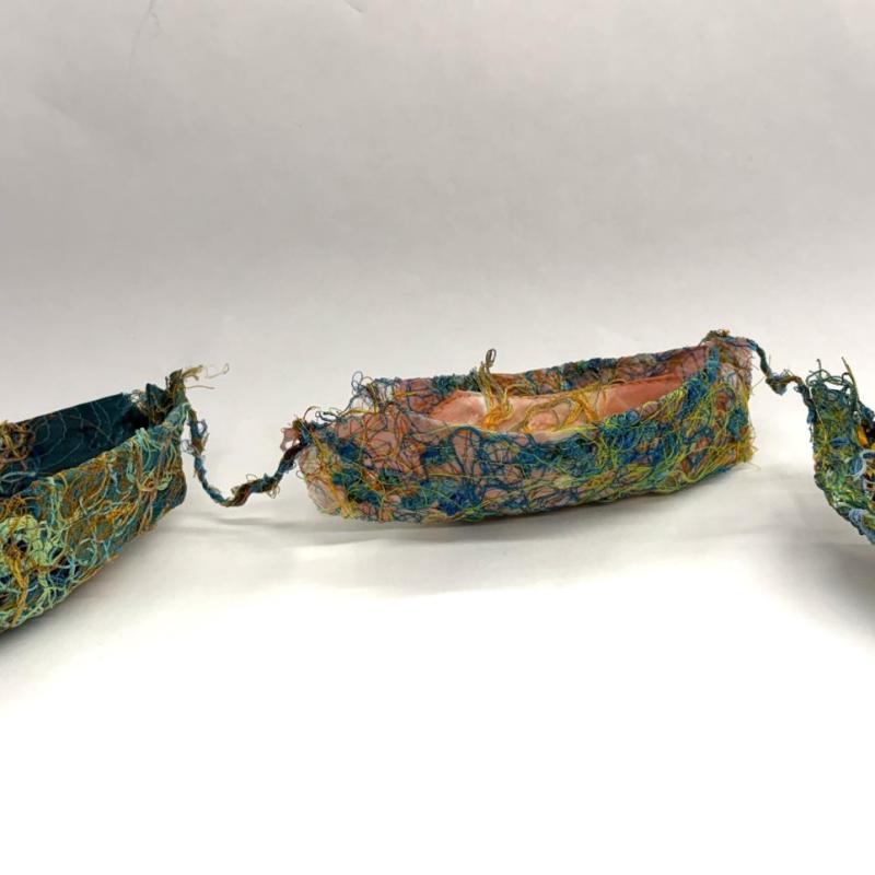 Laura Wasilowski - Stitch Craft #1 (sculpture of three boats tied together. the boats are made of thread)