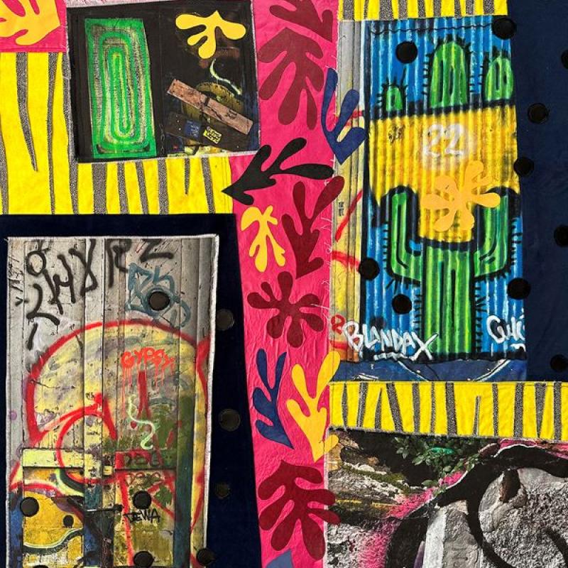 Fanis Greenwood - Valparaiso #22 (quilt with graffiti style imagery of walls, cacti, and leaf shapes)