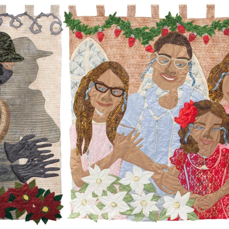 Jo-Ann Morgan - The Family of Jorge Garcia [diptych] (48” x 90,” 2025) (a pictorial quilt. on the left is a masked man with vest and handcuffs. on the right is a crying family)
