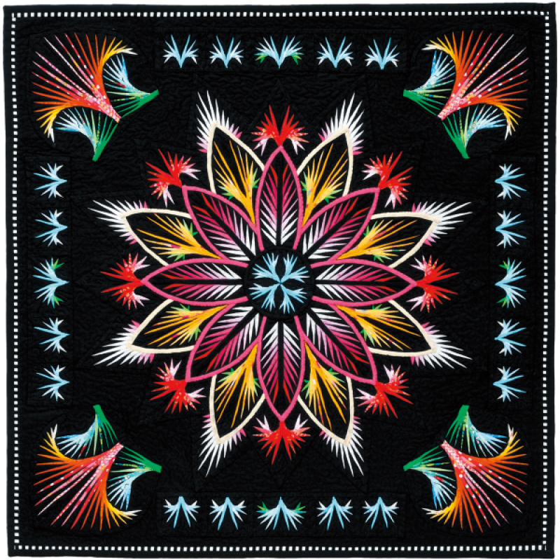 Satoko Kase - Dance of Migratory Birds (colorful medallion quilt on black background)