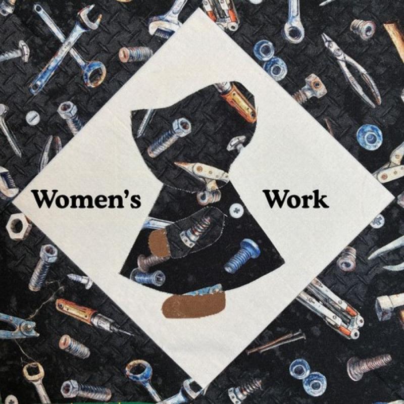 Rachel Ivy Clarke - detail from Women's Work (Is Never Done) (a quilt block of a modified sunbonnet Sue with the words Women's Work surrounded by tools like wrenches and pliers)