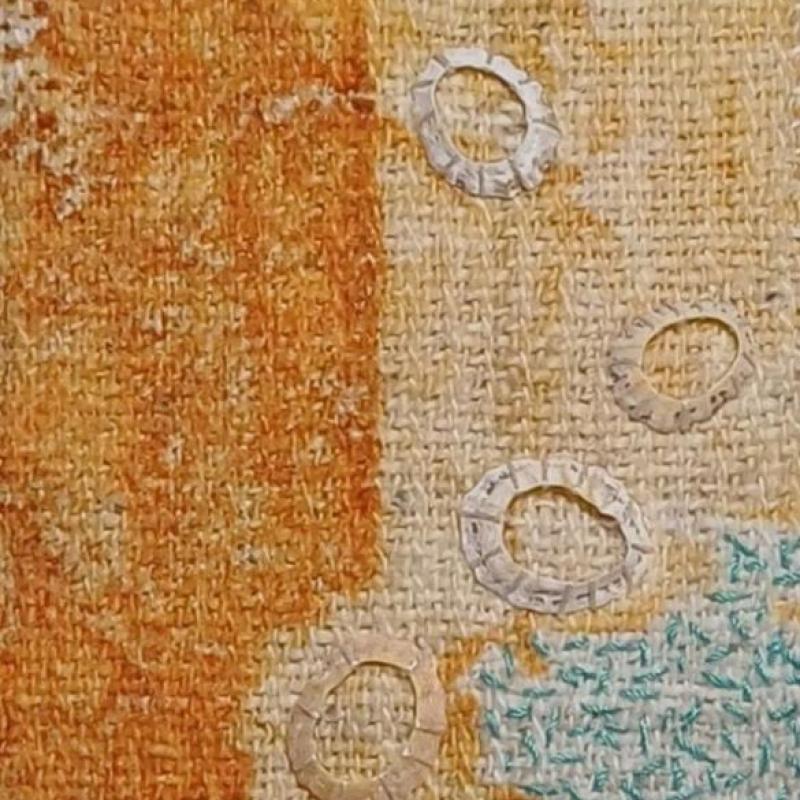 Gwynne Penny - seabones and seafoam (detail of a woven or densely stitched quilt in rust, tan, and teal tones)