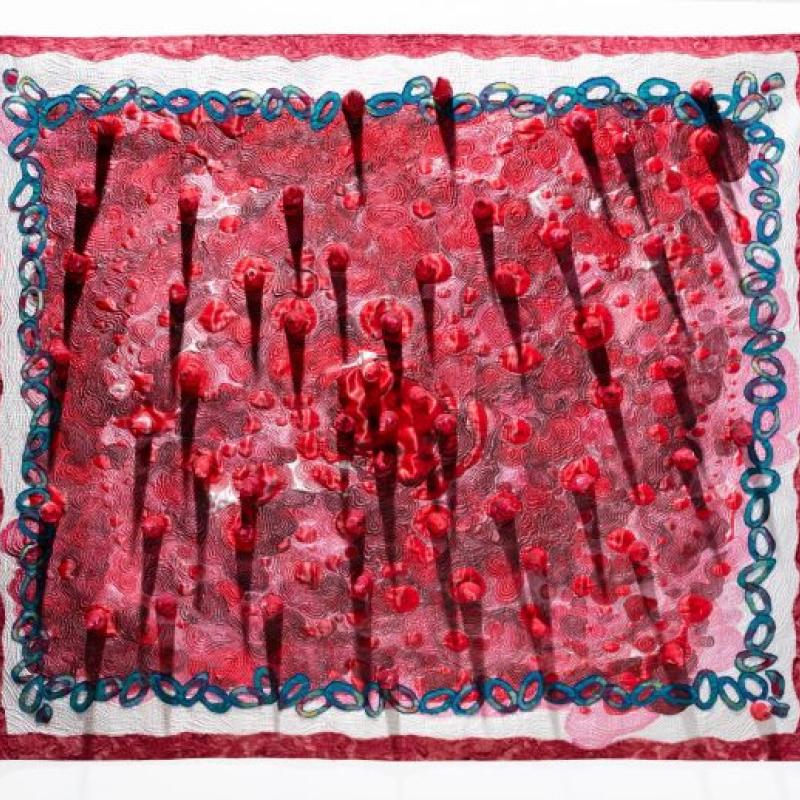 Rosanna Lynne Welter - Seeing Red (A red quilt with 3d red spikes that cast a shadow, bordered by blue irregular rings)