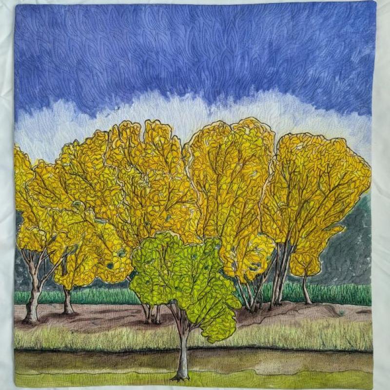  Rosanna Lynne Welter - Blue Sky Day (quilted landscape with yellow trees and blue sky)