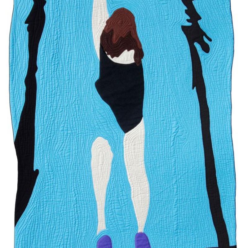 Bonnie J. Smith - Swimming Upstream (an art quilt depicting a woman swimming in a pool)