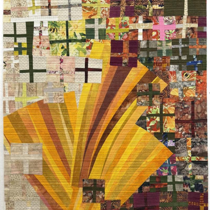Bonnie Bucknam - Monarch (quilt with square and cross shapes and a large blooming orange shape in the bottom left)
