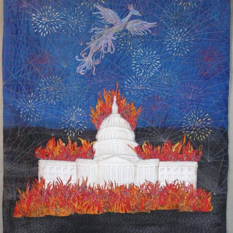 Wendy L Starn - The Dawn Is Ours Before We Knew It (the US Capitol in flames, in the sky are fireworks and a translucent phoenix)
