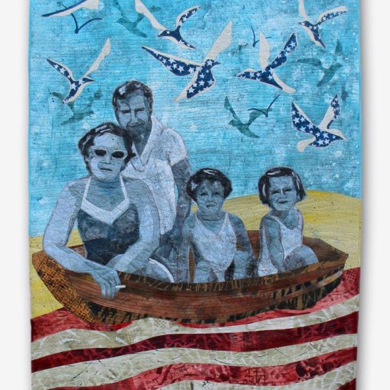 Bobbi Baugh - Row, Row, Rowing our Boat (a quilt with a portrait of a family rowing a boat through water made of the stripes of the american flag. Birds above contain the stars of the flag)