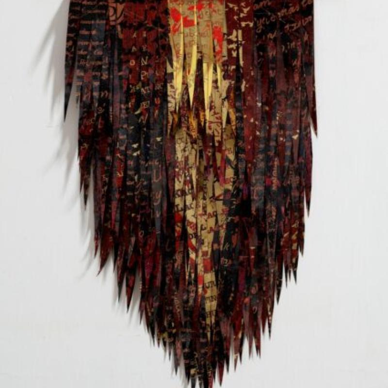  Deborah Kruger - Black Feather Triangle #1 (wall hanging of fabric strips suspended from a rod or rope in the shape of a wing)