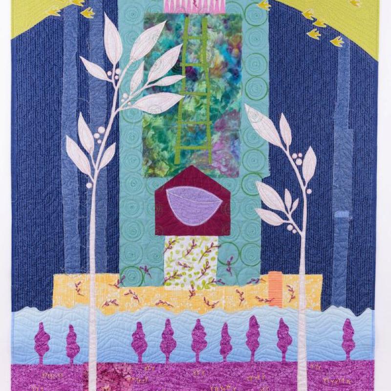 Deborah Boschert - Summary (art quilt collage with plants, birds, and bowl)