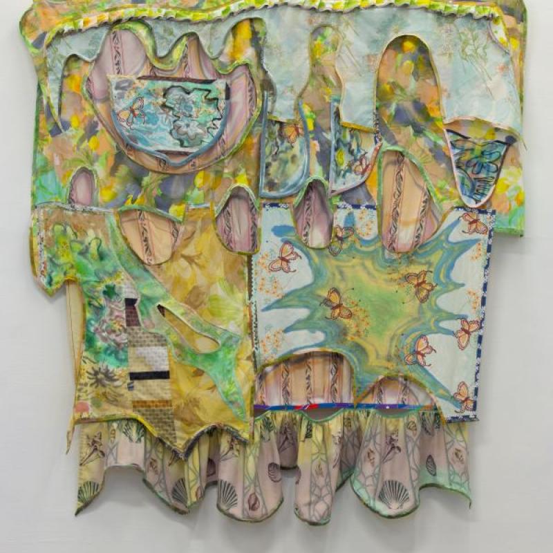  Maria Britton - Hide Out (textile wall hanging with layers of lemon and lime greens and natural imagery like butterflies and shells)