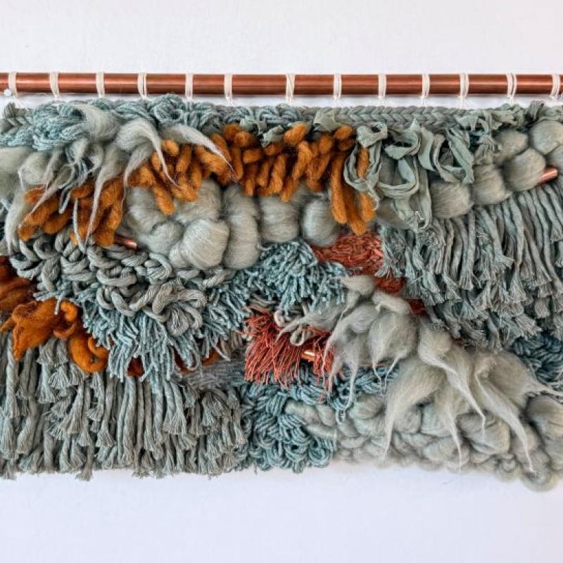 Adriene Busch - Mineral Pool, 2025, wool, cotton, yarn blends, linen, recycled sari silk, chiffon, copper, 12.5 x 19.5 inches