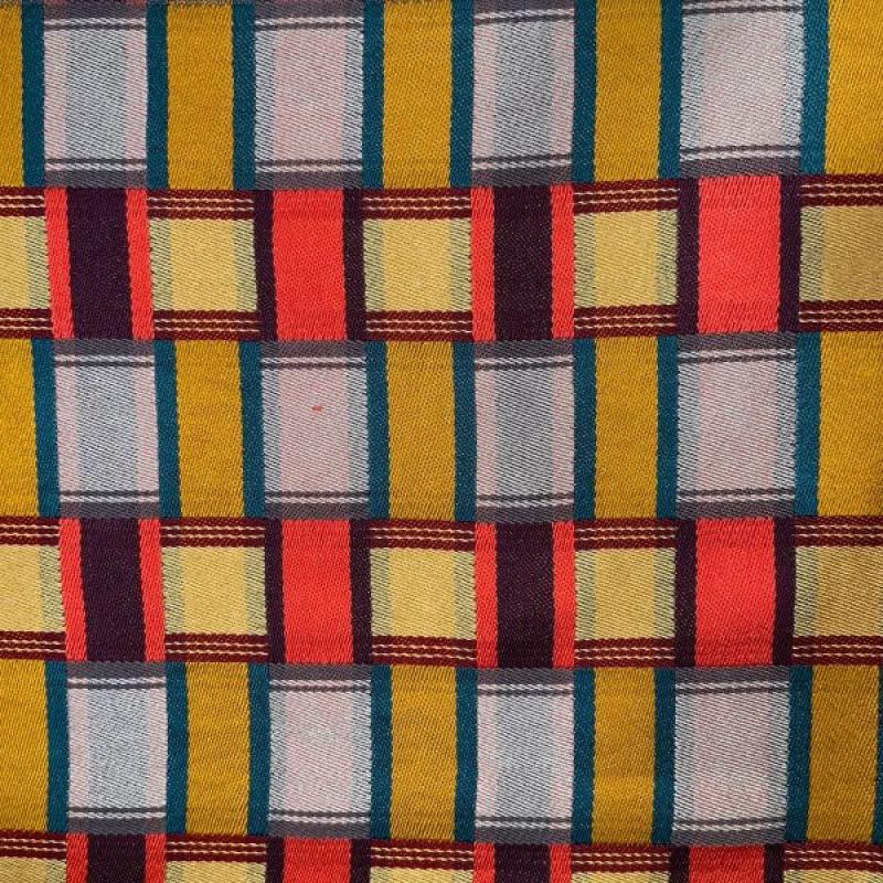 Brenda Gibson, "Interlacements", handwoven silk scarf a woven cloth in blue, yellow, and red squares