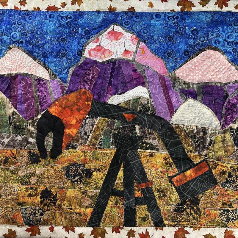 Hazel Sheehan - Lobster Oil - East Meets West Series (landscape quilt with purple mountains and an oil rig)
