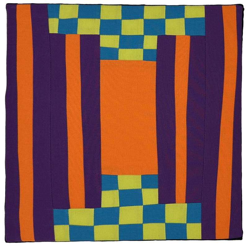 Barbara Danzi - Courthouse Steps Gone Rogue (quilt made of purple and orange thick stripes and blue and lime green checkers)