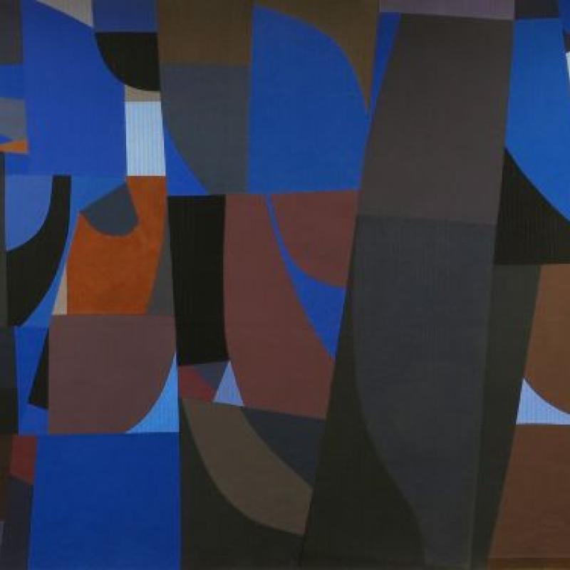 Elizabeth Brandt - Shadowplay, 2023, 59"h x 95"w (abstract quilt with large rounded shapes in dark colors of blue, gray, and brown)