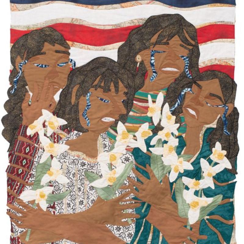 Jo-Ann Morgan - La Frontera (quilted portrait of four women weeping with flowers)