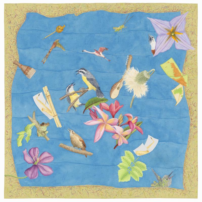 Donna June Katz - Gato Barbieri: Then AND Now (birds, flowers, bugs, and instruments on a sky blue background)