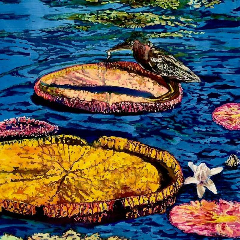 Muffy Clark Gill - Moment of Capture (batik silk painting of birds on lily pads)