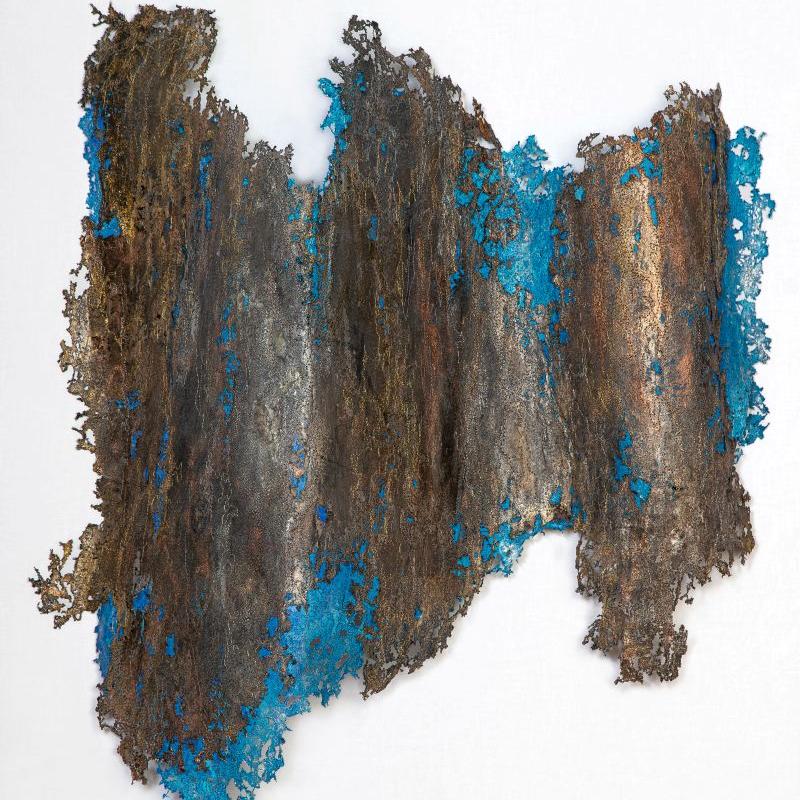Isabelle Wiessler - Rindenspiel 6 (bark-like art quilt with jagged edges and touch of blue)