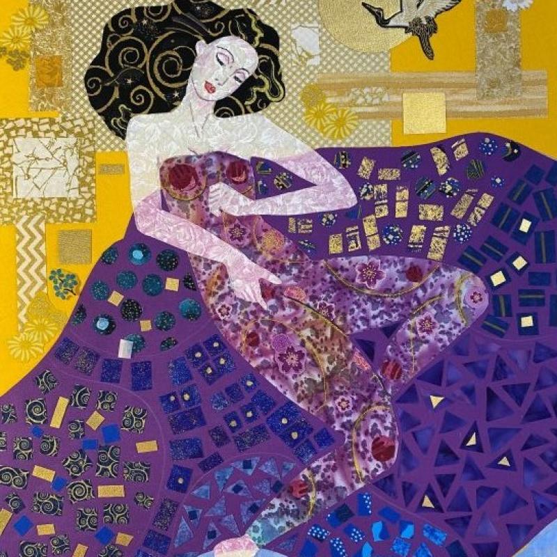 Artist: Adriane Dedic. / LADY KLIMT (commission for Liat, 16”x20”) (a quilted portrait of a woman in purple similar to the style of Klimt)