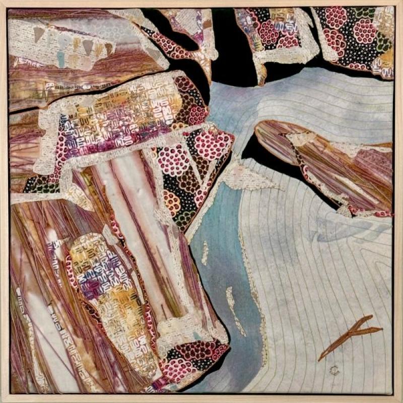 Cheryl Patton Wu - A Way In (abstract fabric collage with blue and browns)