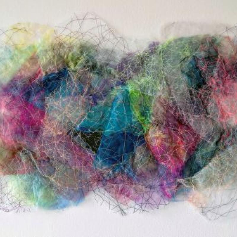 Holly Wong - Lacuna 2 (cloud-like art piece made of colorful translucent fabrics and bright threads)