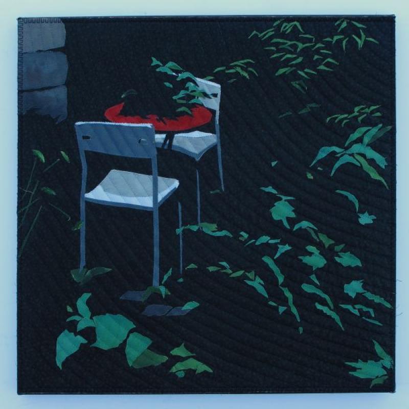 Donna Deaver - Moonlight Garden (a quilt of a garden table at night)