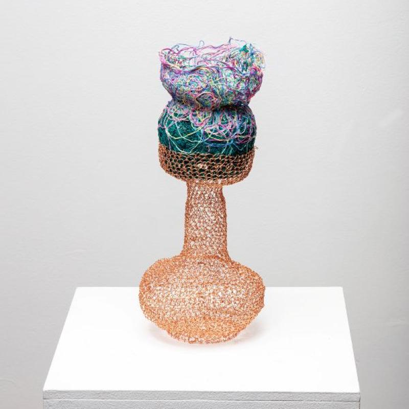 Clara Nartey - One Plus One Equals Three (a vessel made of threads and wires. it looks like a head)