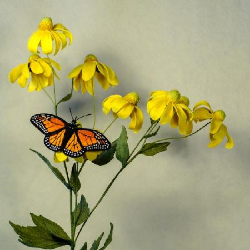 Tracey Lawko - Rudbeckia and Monarch (detail) (3d embroidered sculpture of butterfly and flowers)
