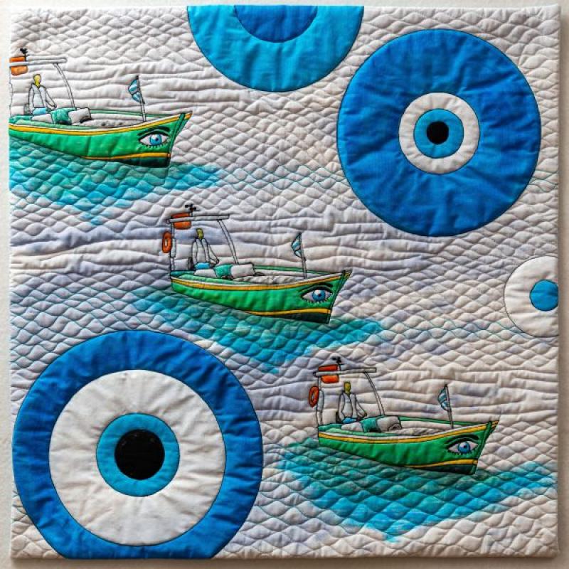 Sue Dennis - Even the boats have eyes in Greece (quilted illustrated scene of boats with Greek eyes)