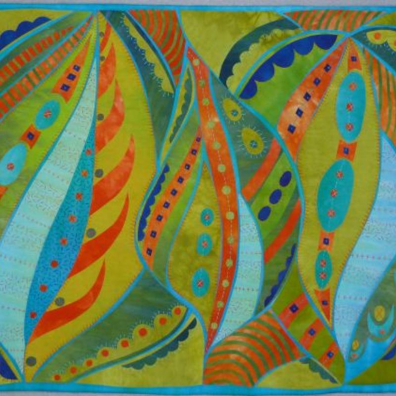Laura Wasilowski - Seedpods #2 (green and blue swirling leaf quilt)