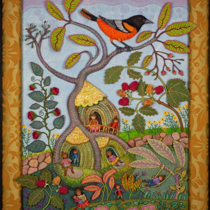  Salley Mavor - Summertime (an embroidered of tiny people in a house under a branch with an oriole on it)